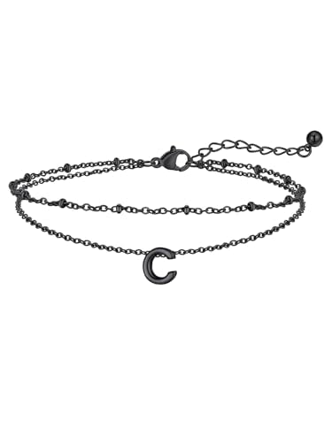 FaithHeart Initial Ankle Bracelets for Women, Waterproof 14k Gold Plated Initial Anklets Non Tarnish Stainless Steel Cute Layered Anklet Summer Beach Jewelry - color: Black, size: Initial C