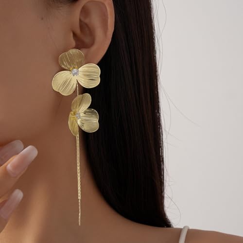 Gold Flower Dangle Long Tassel Earrings for Women Boho Large Metal Drop Hollow Flower Earrings Layered Floral Petal Jewelry - color: Gold