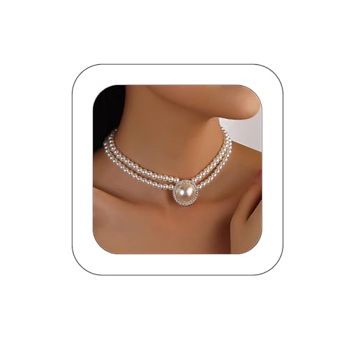 Bethynas Boho Layered Pearl Rhinestones Choker Necklace Vintage Chunky Pearl Crystal Pendant Short Necklace Chain Bridal Prom 1920s Costume Party Jewelry for Women - color: Pearl 3