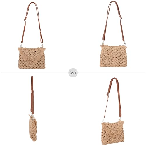Goclothod Women Crochet Fringed Shoulder Bag Cotton Tassel Crossbody Bag Hippie Beach Purse - color: Crochet Khaki