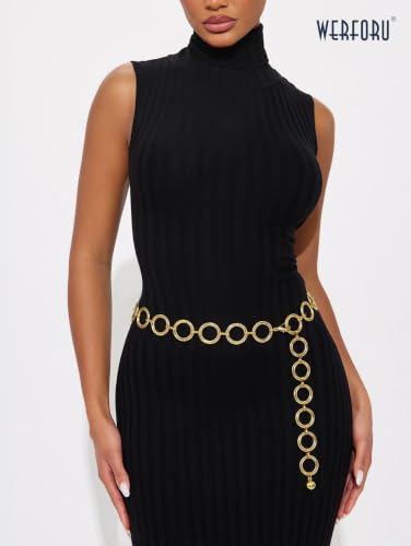 WERFORU Women Multilayer Gold Silver Metal Link Body Chain Belt Ladies Waist Chain Belts for Jeans Dress - color: C-antique Gold, size: Fit waist size below 34"