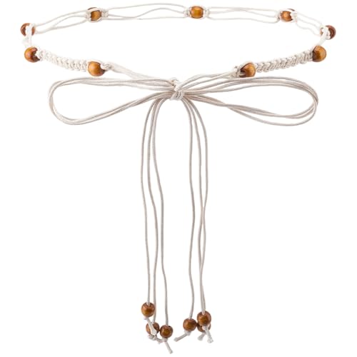 CRASPIRE Boho Braided Rope Belt Beaded Tassel Belts Western Woven Thin Tie Adjustable White Bohemian Handmade Cord 67in Long Skinny Strap Chain Wood Beads for Women Lady Dress Cloth Outfit Skirt Wrap - color: White