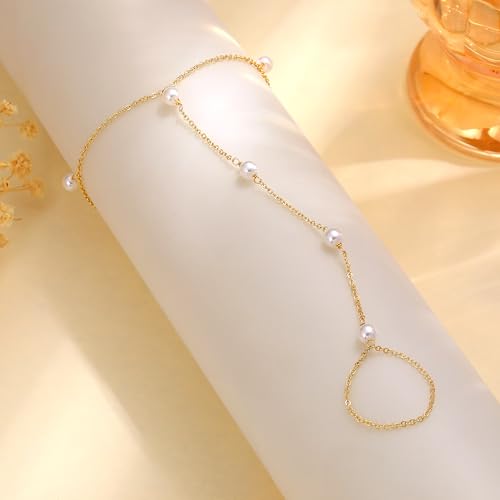 CHESKY 14k Gold Plated Hand Chain Bracelet for Women Trendy, Dainty Ring Bracelets Hand Chain Finger Nail Bracelet Simple Gold Hand Jewelry for Women Gifts - style: Pearl