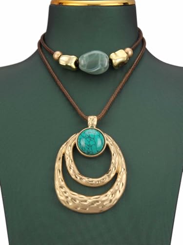 Boho Necklace for Women Adjustable Silicone Rope with Gold Beaded Pendant Chunky Handmade Vintage Jewelry - style: Blue Turquoise Necklace