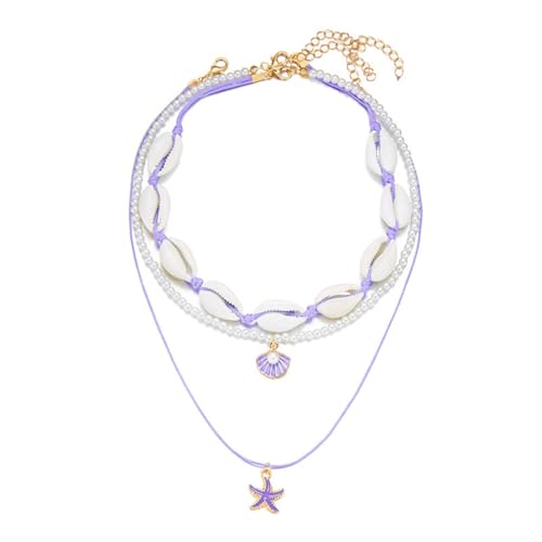 Shell Beach Choker Necklace Set for Women Boho Layered Beaded Adjustable Starfish Conch Shell Nacklace Imitaion Pearl Rice Beads Necklace Summer Ocean Vacation Jewelry - color: Purple