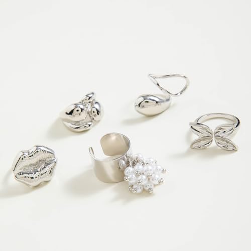 5Pcs Chunky Gold Ring Sets Vintage Lip Pearl Flower Knuckle Statement Ring Set Irregular Stacking Open Ring Set Punk Fashion Jewelry Accessories for Women - color: Silver