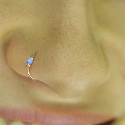 925 Sterling Silver & 14K Gold Filled Nose Ring Hoop Handmade Piercing Jewelry For Women - 24 Gauge 2mm,7mm Tiny Nose Ring with Opal - Gift Ready - color: Light Blue Opal Silver