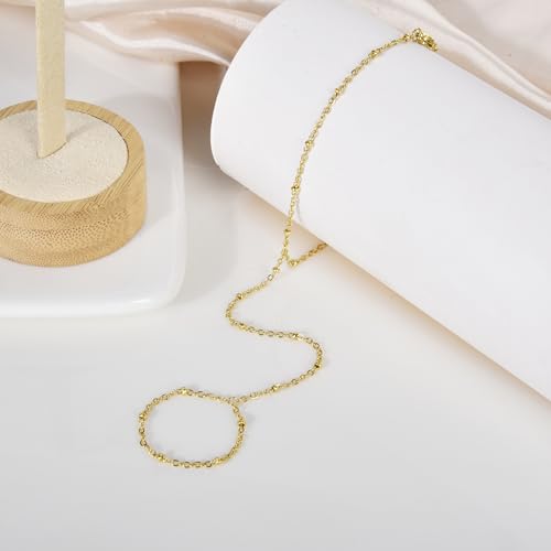 Hand Chain Bracelet Stainless Steel Finger Ring Bracelet Adjustable Gold Plated Hand Chain CZ Stackable Boho Minimalist Jewelry for Women - color: Gold Hand Chain Bracelet AN138G