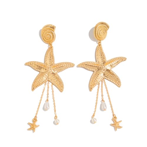Starfish Tassel Dangle Earrings for Women Jellyfish Earrings Beach Long Dangle Drop Earring Summer Charm Earrings Ocean-Themed Dangling Earring Boho Beach Jewelry - color: Gold