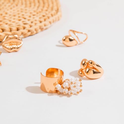 5Pcs Chunky Gold Ring Sets Vintage Lip Pearl Flower Knuckle Statement Ring Set Irregular Stacking Open Ring Set Punk Fashion Jewelry Accessories for Women - color: Gold