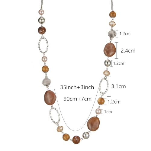 BULINLIN Beaded Long Necklace for Women Silver Sweater Chain Necklace with Crystal Resin Beads, Fashion Jewelry Necklace - color: Brown