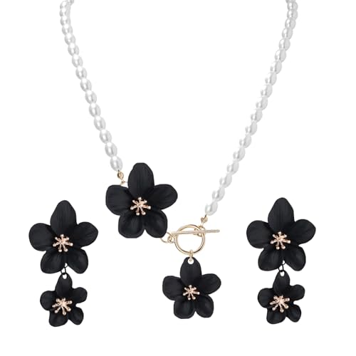 WCRAZYE Gold Flower Earrings Necklace Set for Women Boho Summer Daisy Floral Statement Earrings Brides Wedding Guest Dresses Jewelry - color: Black B