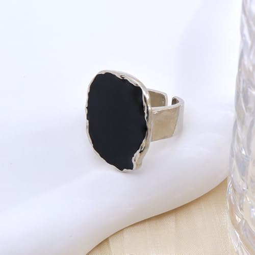 Vintage Statement Rings for Women,Chunky Gold Cocktail Rings,Big Black Enamel Drip Finger Ring,Fashion Geometric Punk Ring Gothic Jewelry Accessories Gifts - color: Silver