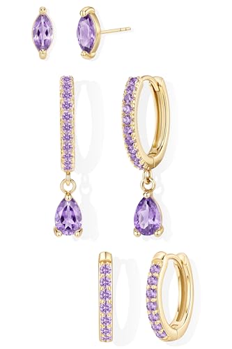 14K Gold Plated Small Huggie Hoop Earrings Set for Women, Hypoallergenic Dainty Sterling Silver Dangle Studs for Cartilage Helix, Lightweight Trendy Cute Stack Birthstone Jewelry Gift - color: 06_Alexandrite_Jun_Gold