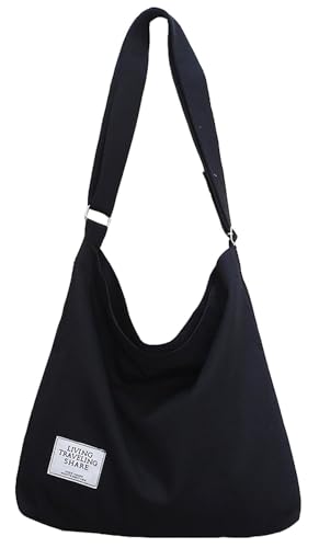Covelin Women's Retro Large Size Canvas Shoulder Bag Hobo Crossbody Handbag Casual Tote - color: Black