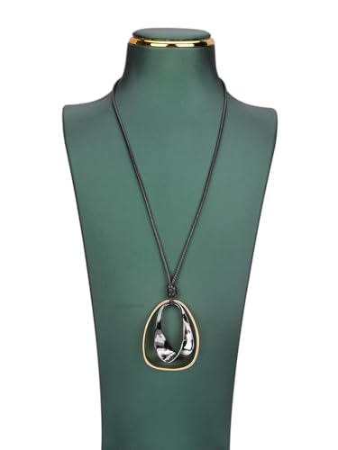 GelConnie Leather Necklace for Women Round Wooden Pendant Long Leather Choker Vintage Sweater Necklace Gold Chunky Boho Necklaces for Women - style: Black Teardrop Necklace