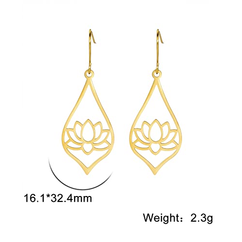 TEAMER Stainless Steel Lotus Flower Dangle Earrings Bohemian Drop Earring Unique Geometric Jewelry for Women - color: Lotus 3-Gold