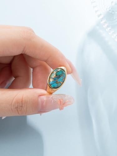 Turquoise Rings for Women, 14K Gold-Plated Stainless Steel Statement Ring with Oval Teal Turquoise, Lightweight and Non Tarnish, Vintage Boho Jewelry Gift for Her, Size 5-9 - color: Gold