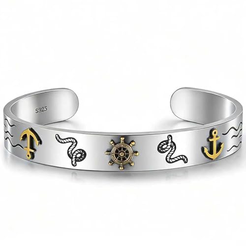 Kim Carrey S925 Sterling Silver Bracelet, Stacked Bracelets Open Bangle Cuff Design, Men's Gift Jewelry for My Man - style: Nautical style