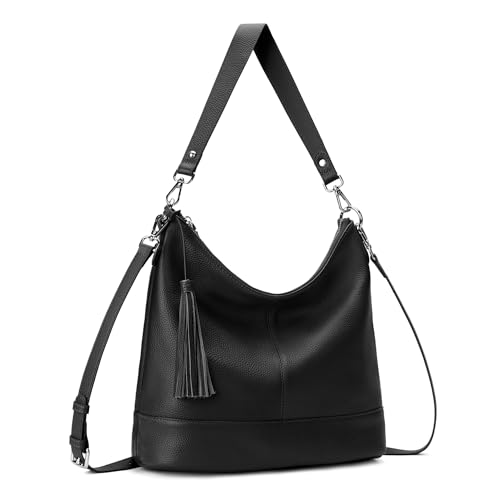 Genuine Leather Hobo Crossbody Bag for Women, Soft Real Leather Bucket, Shoulder Handbag Purse with 2 Removable Strap - color: Black