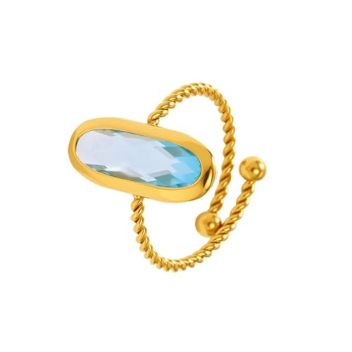 18K Gold Plated Adjustable Twisted Rings for Women Non Tarnish Oval Czech Glass Stone Stainless Steel Statement Rings Open Gemstone Boho Stackable Band Jewelry - color: Light Blue