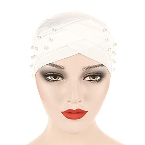 Women Beaded Silky Beanie, Pre-Tied Turban Head Wrap Cap for Chemo Chemical Cancer Hair Loss Cover Hat - color: White