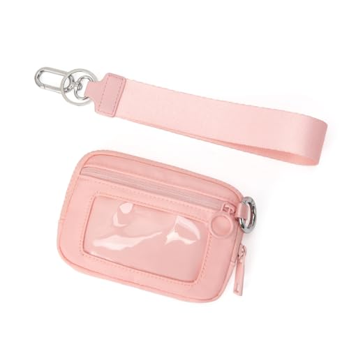 Wristlet Wallet for Women Mini Zip Card Case with Clear ID Window Zipper Coin Purse Lightweight Portable Keychain Wallet - color: Pink