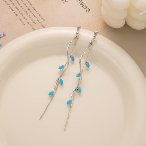 Temperament Long Zircon Tassel Earrings for Women Charm Jewelry Sparkling Crystal Leaves Twist Dangle Earrings for Friends - color: Silver-Bule Leaves