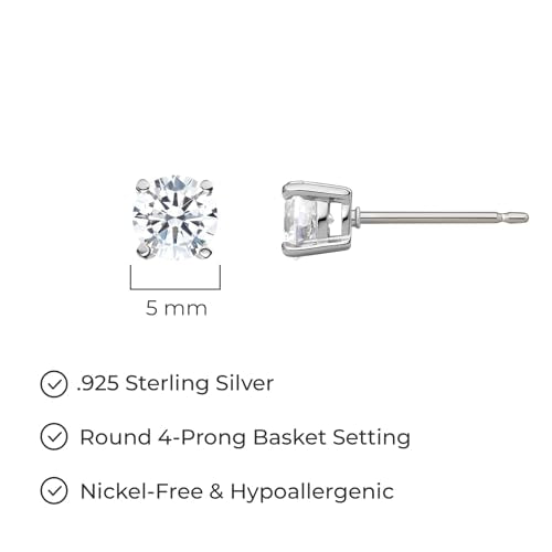 Amazon Essentials Plated Sterling Silver Cubic Zirconia Stud Earrings (Round & Princess) - color: White/Platinum, size: 5 mm, style: Round Cut