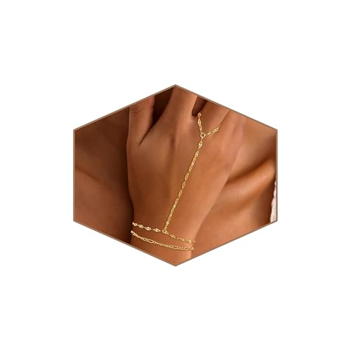 Gold Bracelets for Women Trendy, Dainty Gold Hand Chain Bracelets Stackable 14k Gold Plated Finger Ring Bracelet Hand Chain Cz Flower Layered Link Bracelets for Women Non Tarnish Jewelry Gifts - style: layered lips hand chain bracelet-gold