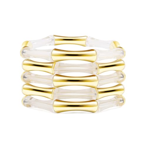Gold Tube Bangle Bracelets for Women Stackable Bamboo Chunky Acrylic Beads Stretch Friendship Summer Beach Bracelet Jewelry - color: Clear