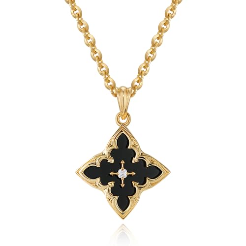 Fettero Gold Clover Necklace for Women Dainty 14K Gold Plated CZ Pendant Necklace Adjustable Chain Choker Charm Colorful Clover Pendant Lucky Necklaces for Women Jewelry - color: Black Onyx