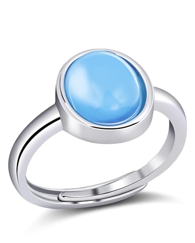 Silver Aquamarine Ring for Women - Adjustable Birthstone Ring with Oval Blue Gemstone, Minimalist Finger Ring for Daily Wear