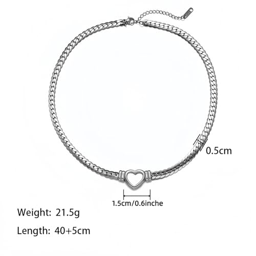 Heart Choker,Stainless Steel Necklace for Women,Chunky Heart Pendant, 40cm Length, 21.5g Weight - color: silvery