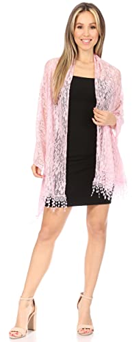 Sakkas Mari Women's Large Lightweight Soft Lace Scarf Wrap Shawl Floral and Fringe - color: Style3-pink