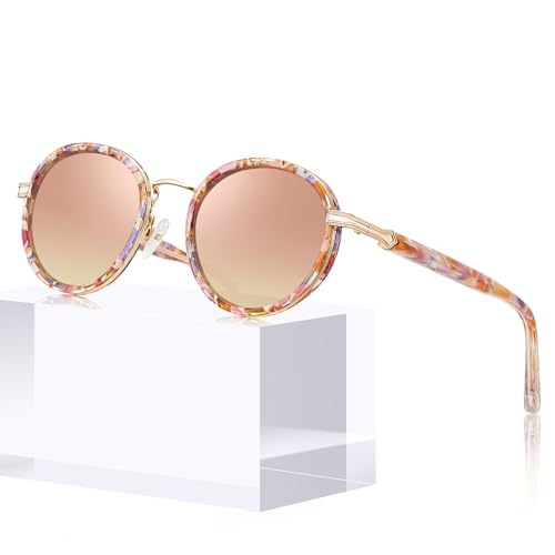 CARFIA Retro Round Sunglasses for Women Polarized UV Protection, Durable Acetate-Metal Frame Designer Eyewear CA1951 - color: 3. Flower Tortoiseshell Frame + Pink Mirrored Lens