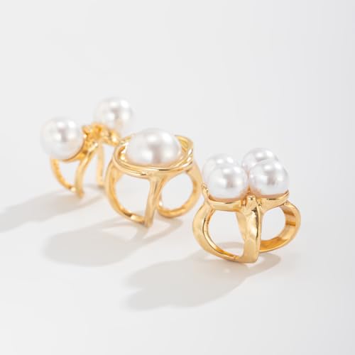 Gold Pearl Rings for Women Chunky Baroque Pearl Ring Open Adjustable Pearls Ring Boho Prom Costumes Jewelry Accessories - color: Gold