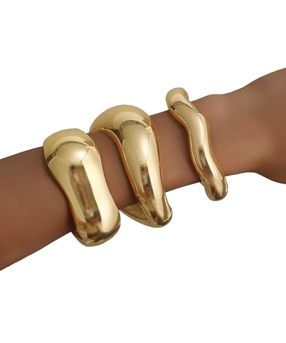 Akeoqi 3Pcs Chunky Gold Bangles Bracelets for Women 14K Gold Plated Irregular Hinged Cuff Bracelets Set Trendy Minimalist Wide Wire Twist Open Stack Bracelet Jewelry Gift - style: Bangle-3