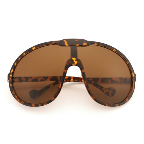 Dollger Oversized One Piece Sunglasses For Women Fashion Men Wrap Around UV400 Shield Goggles - color: Leopard Frame Tea Lenses
