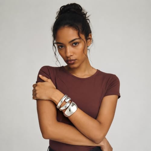 Chunky Gold Bangle Bracelets for Women Trendy 14K Gold Plated Cuff Bracelets Stack, Dainty Gold Bracelet Sets Non Tarnish Fashion Jewelry Gift - style: Silver-3pc-011