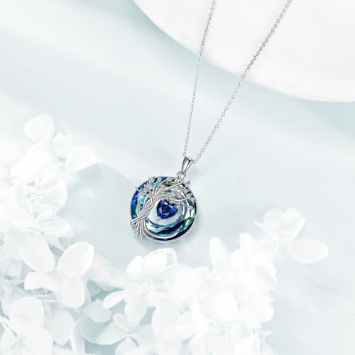 POPLYKE Mothers Day Gifts for Mom Her Wife Tree of Life Necklace 925 Sterling Silver Birthstone Pendant with Crystal Anniversary Birthday Wedding Jewelry for Women - color: 09-Sep-Sapphire, style: White Gold Plated-Blue Crystal