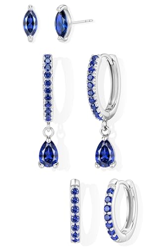 14K Gold Plated Small Huggie Hoop Earrings Set for Women, Hypoallergenic Dainty Sterling Silver Dangle Studs for Cartilage Helix, Lightweight Trendy Cute Stack Birthstone Jewelry Gift - color: 09_Sapphire_Sep_Silver