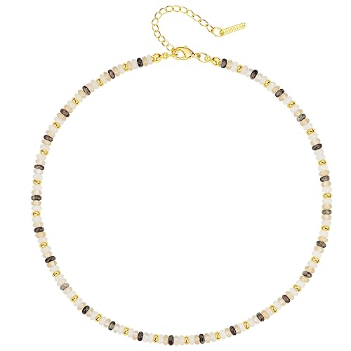 KissYan Boho Beaded Choker Necklace for Women, Gemstone Choker Natural Stone Freshwater Pearl Surfer Necklaces 14K Gold Plated Summer Beach Handmade Jewelry - color: F-Black Quartz