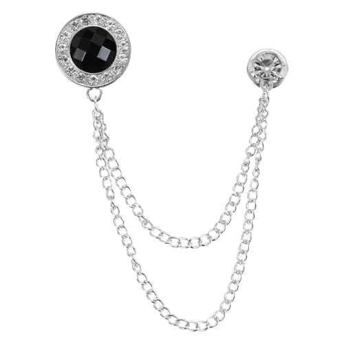 PATIKIL Gem Chain Brooch Pins, Hanging Chain Brooch Suit Pin Tassel Chain Round Crystal Badge Lapel Collar Pins for Men Shirts - color: Silver Tone(Black)
