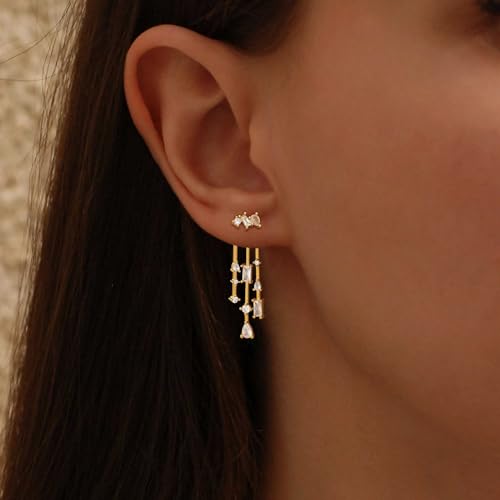 Dangle Earrings for Women, Dainty Gold Drop Earrings 14k Gold Plated Long CZ Bar Earrings for Women Trendy Simple Hypoallergenic Chandelier Stud Earrings Formal Wedding Prom Jewelry for Women - color: dangle1