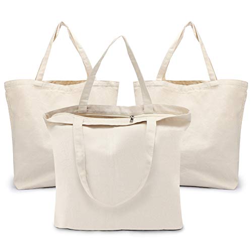 Segarty Blank Tote Canvas Bag with Zipper, 3pcs 19.7x15.7 inch Bags with Handles, 12oz Heavy Duty Reusable Washable Grocery Shopping Bags Plain Bags for Teacher DIY Art Craft Paint Embroidery - size: 19.7"x15.7"x7.9", style: Beige_3pcs