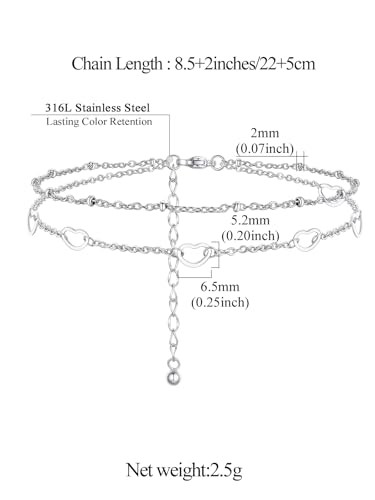 FindChic Black/Silver/Gold Plated Anklets Set of 2PCS/3PCS Herringbone Chain Cuban Link Heart Charm Sparkling Tennis Ankle Bracelets, Waterproof Summer Foot Jewelry for Beach - color: 07. Silver-Layered Heart Charm