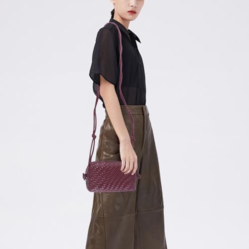 Woven Crossbody Bags for Women Handwoven Purses Vegan Leather Small Handbag Handmade Shoulderbag | Lightweight - color: Burgundy