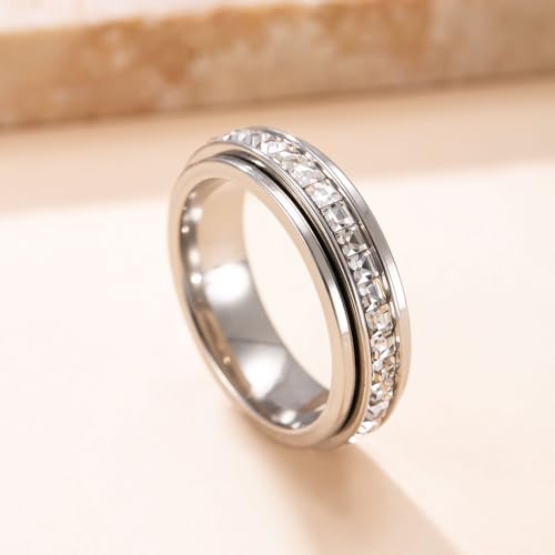 6mm Titanium Fidget Rings for Women Anxiety Relasing, Full Cubic Zirconia Ring Eternity Wedding Band Ring Love Statement Jewelry, Hypoallergenic Stainless Steel Gold Rings for Women No Tarnish - color: silver-fidget
