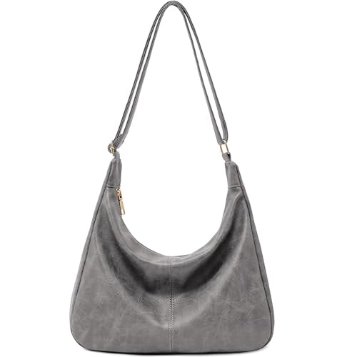 Hobo Bags for Women Foldable Vegan Leather Shoulder Handbag Slouchy Tote Crossbody Purses - color: Grey
